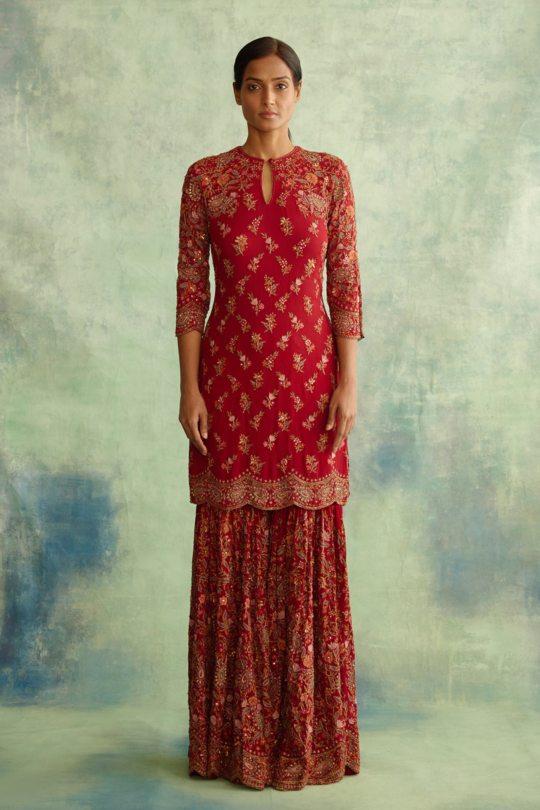 Gharara Set in Paisley Floral Thread Embroidery