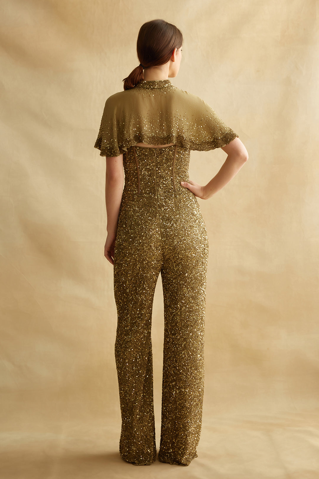 Sequin Jumpsuit with a Capelet  in Sequin Embroidery