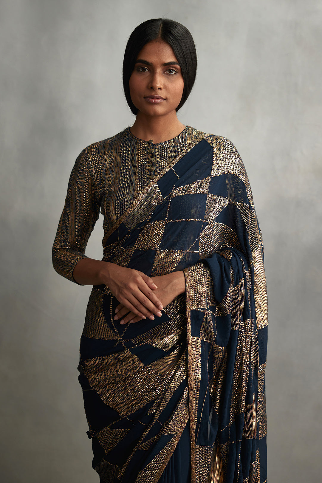 Sari Set in Trapeze Geometric Design in Sequin Embroidery