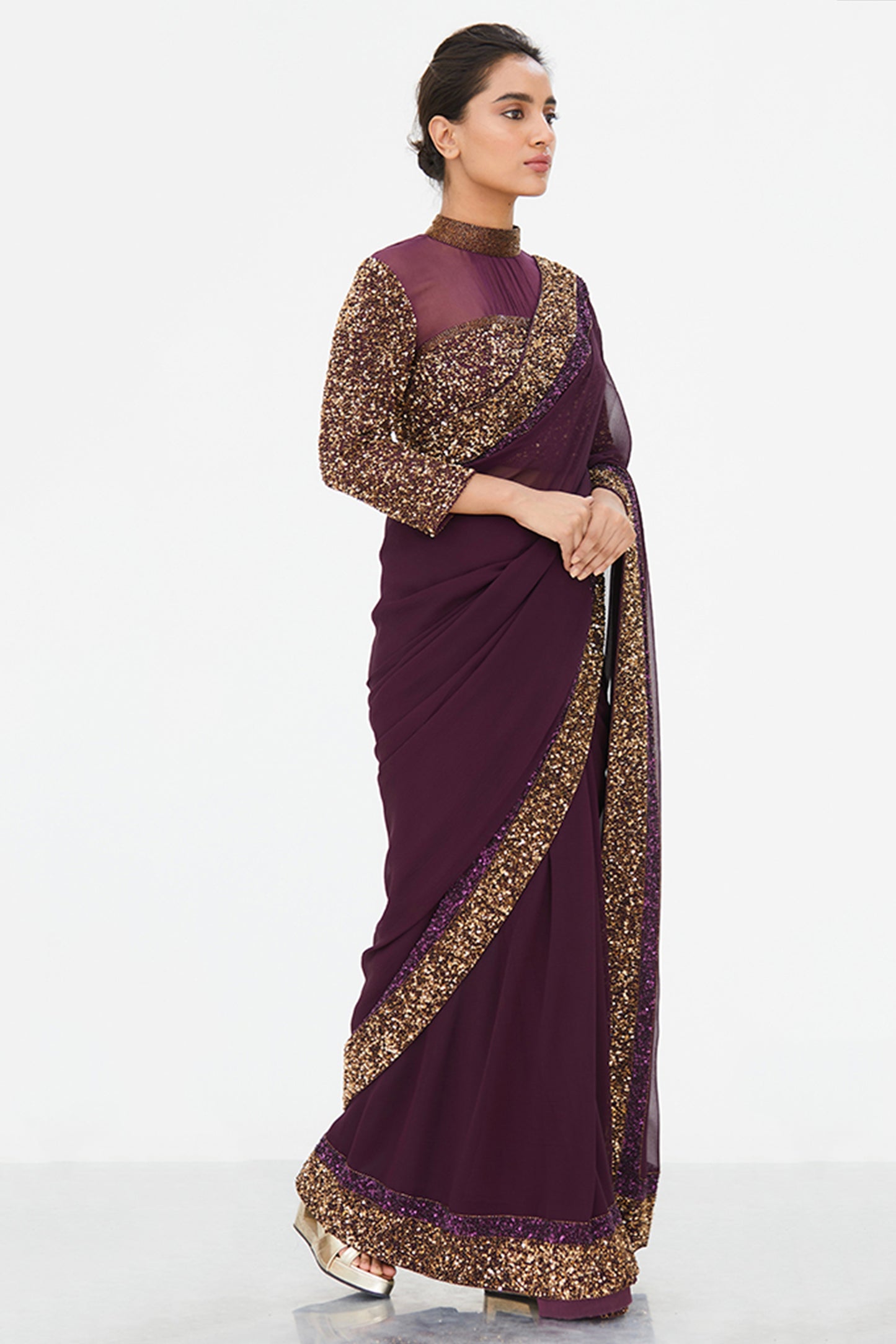 Sari Set with Gold and Tonal  Double Border in Sequin Embroidery