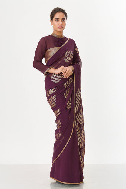 Sari Set with Leaf Pattern Sequin Embroidery