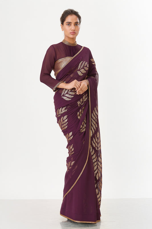Sari Set with Leaf Pattern Sequin Embroidery