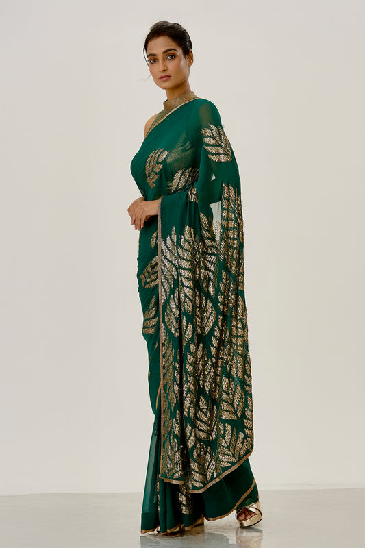 Sari Set with Leaf Pattern Sequin Embroidery