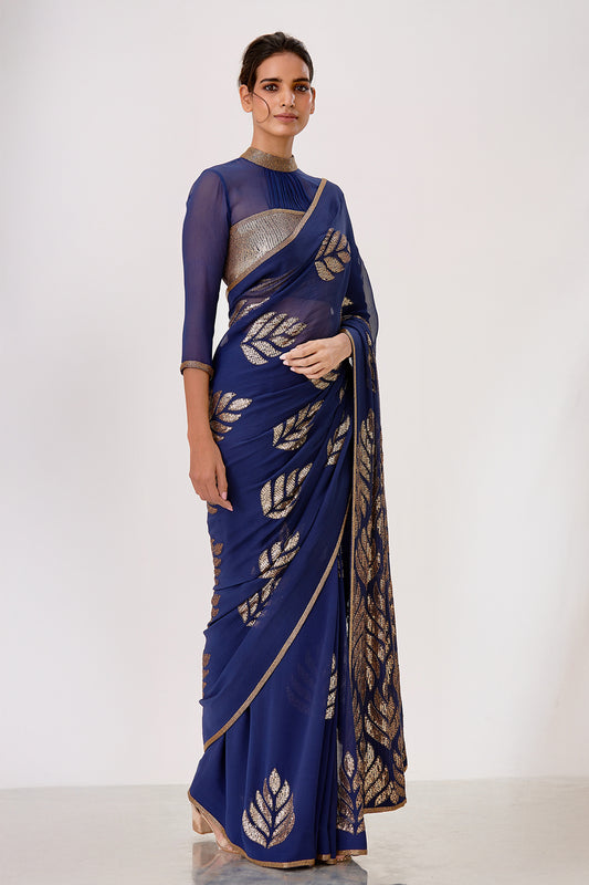 Sari Set with Leaf Pattern Sequin Embroidery