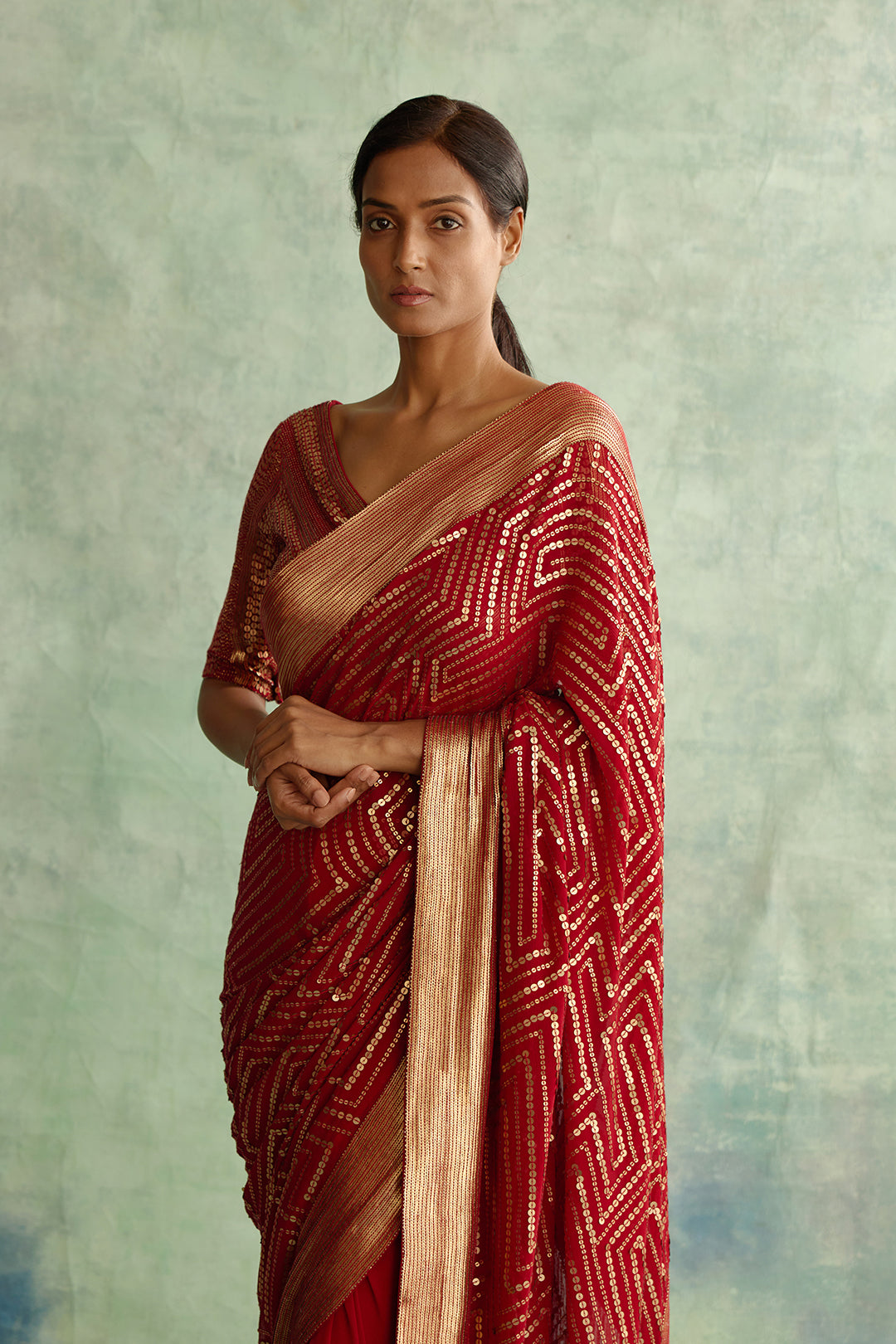Sari Set in Gold Sequin Embroidery in Maze Design