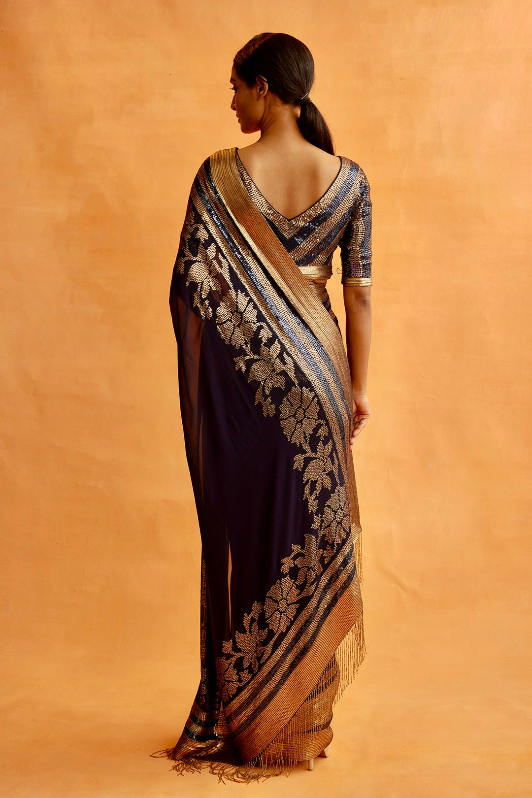 Sari Set in a floral motif in gold sequins