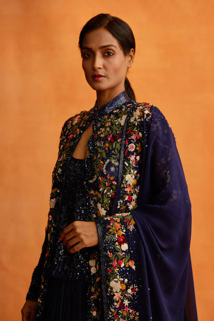 Jacket Set with Anchor Floral Thread Embroidery