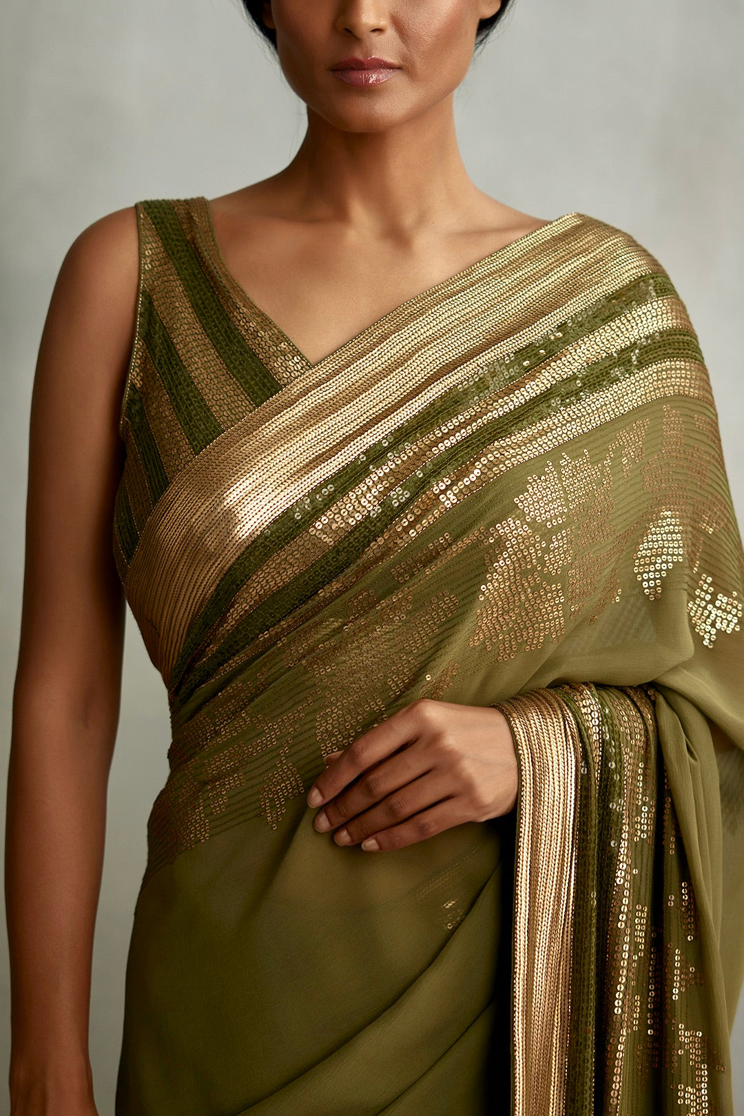 Sari Set in a floral motif in gold sequin embroidery