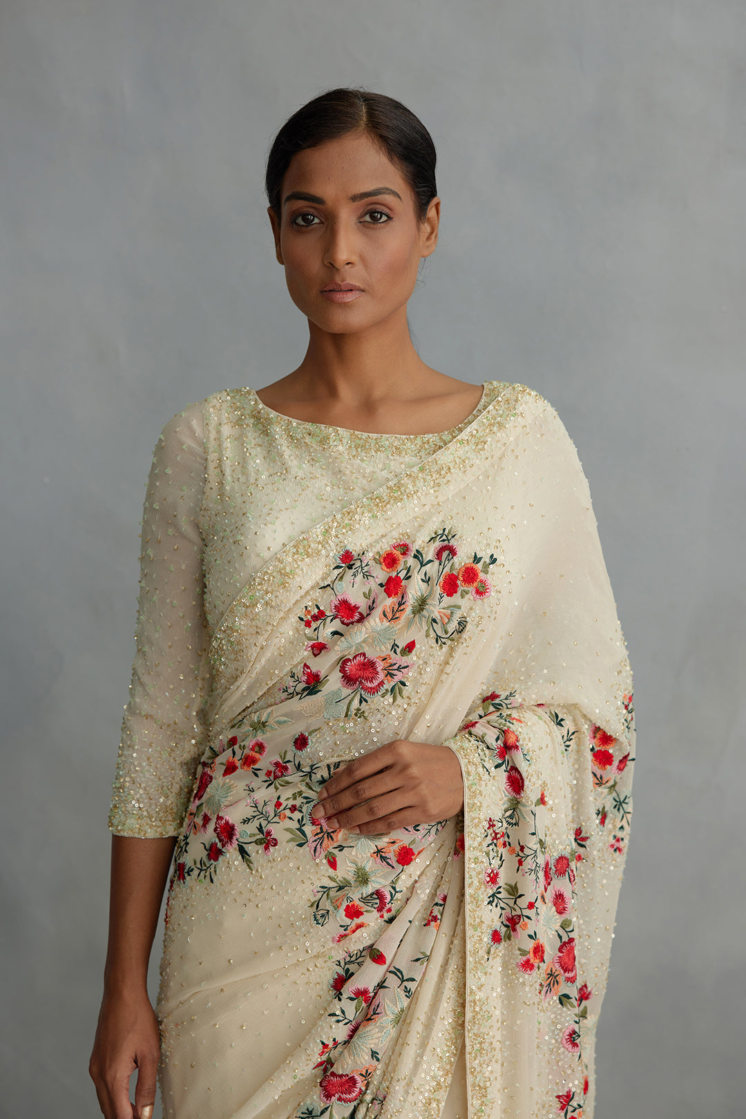 Sari with Floral Thread and Sequin Embroidery