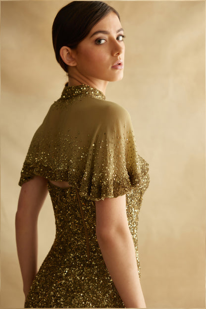 Sequin Jumpsuit with a Capelet  in Sequin Embroidery