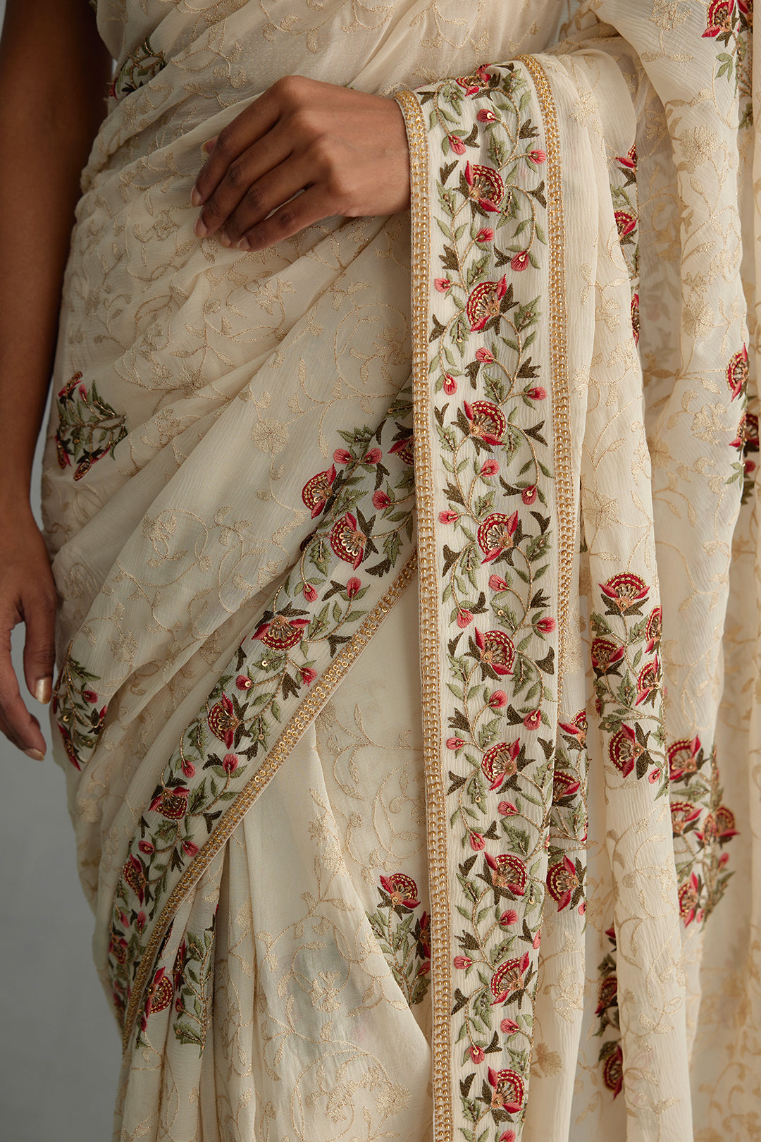 Sari Set in Floral Motif and Tonal Jaal Thread Embroidery