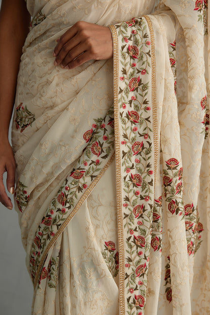 Sari Set in Floral Motif and Tonal Jaal Thread Embroidery