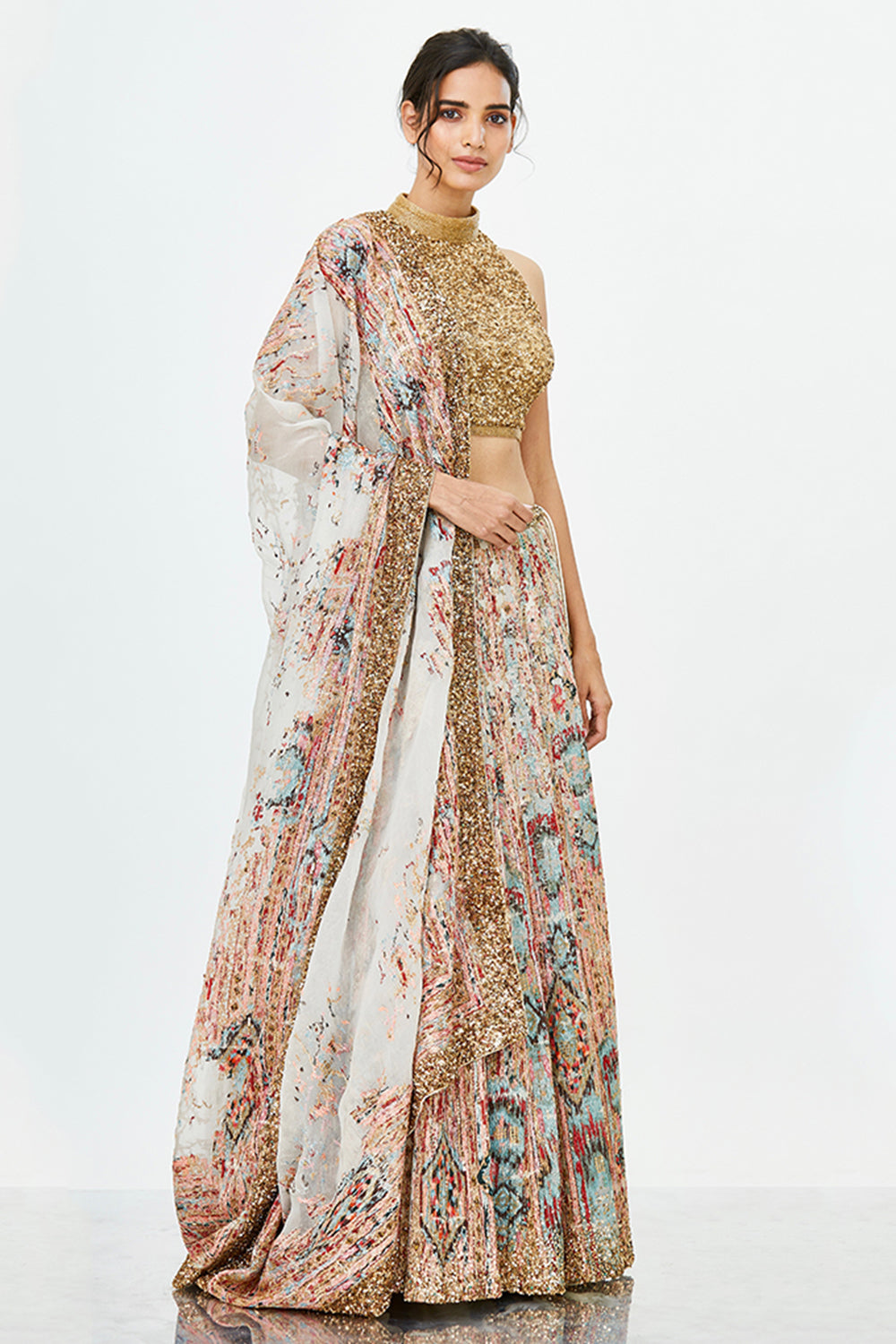 Lehenga Set in Vintage Ikkat Thread Embroidery
