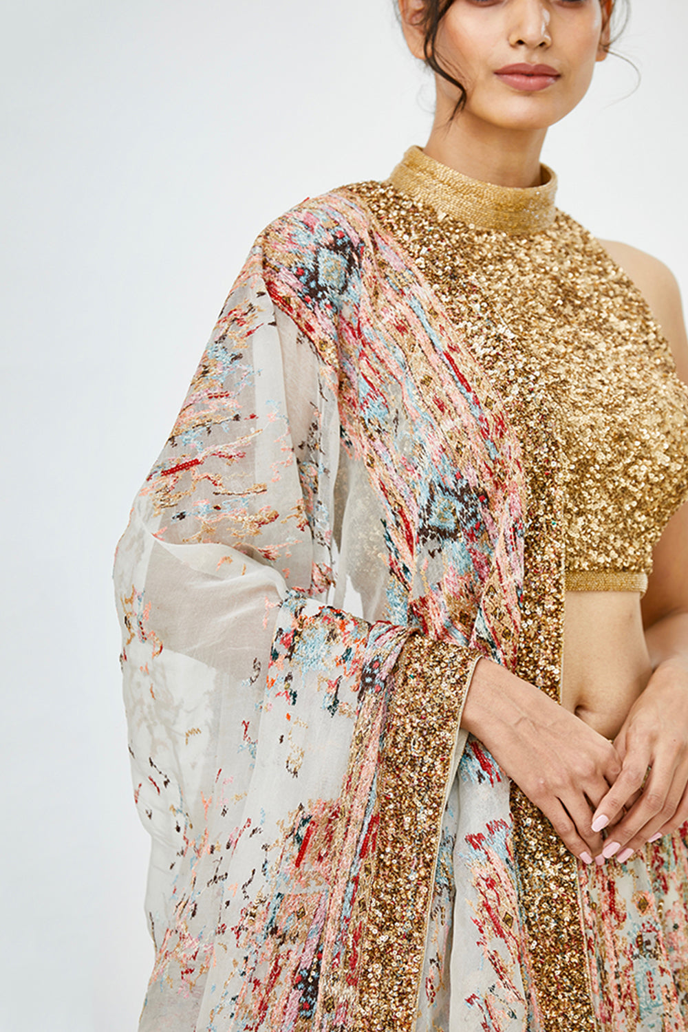 Lehenga Set in Vintage Ikkat Thread Embroidery