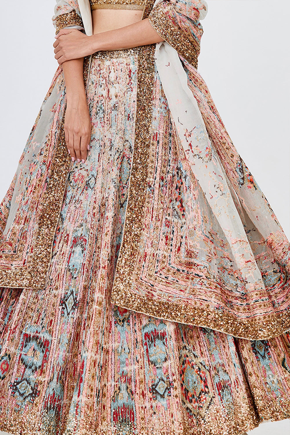 Lehenga Set in Vintage Ikkat Thread Embroidery