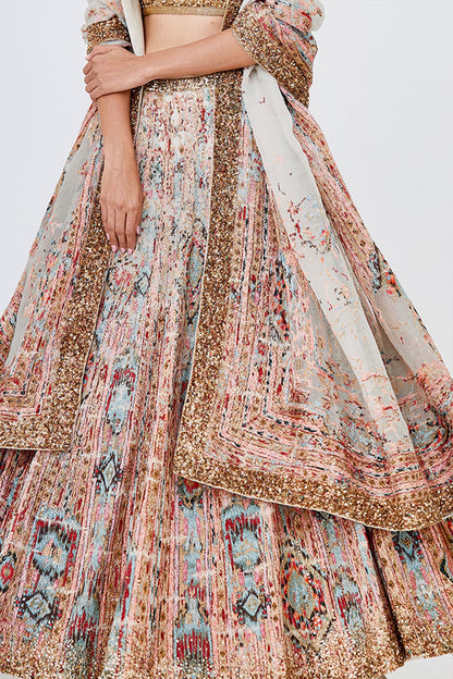 Lehenga Set in Vintage Ikkat Thread Embroidery