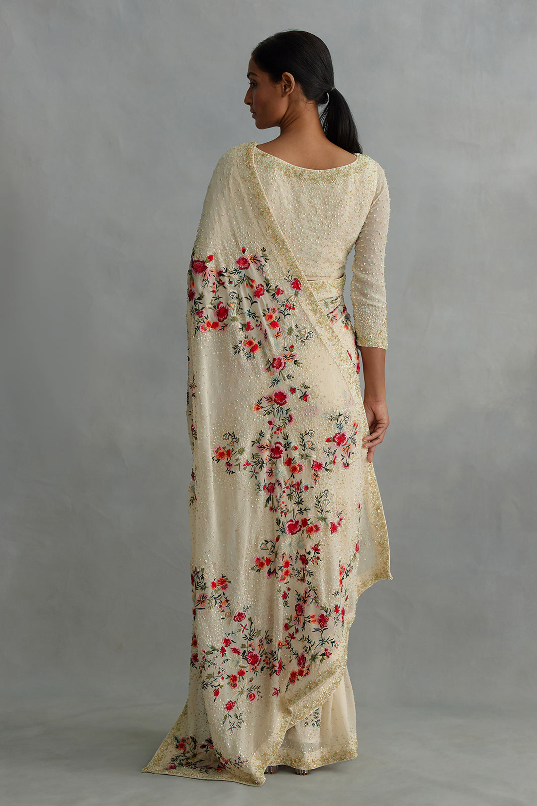 Sari with Floral Thread and Sequin Embroidery