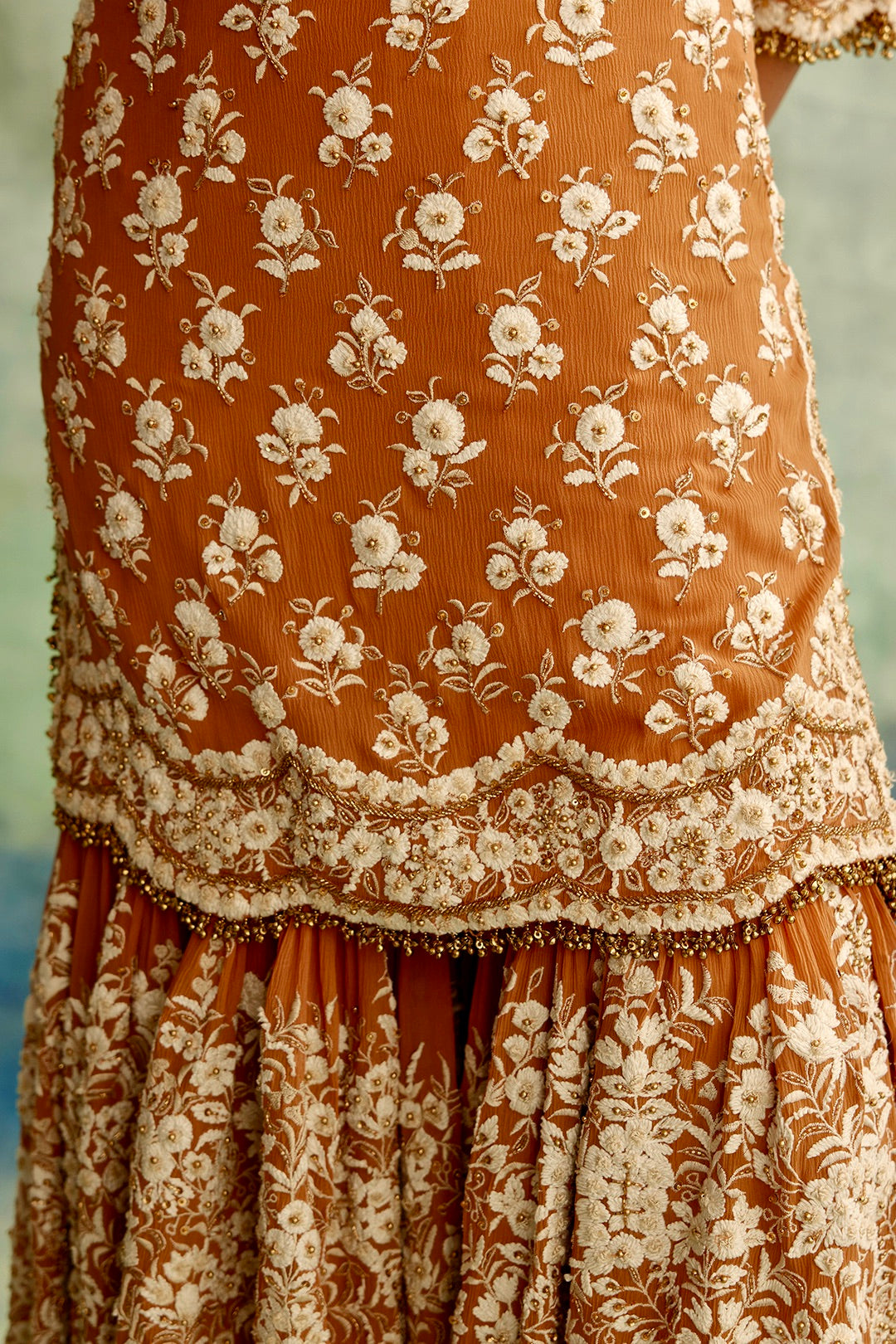 Gharara Set in Old world Ivory Thread and Sequin Embroidery