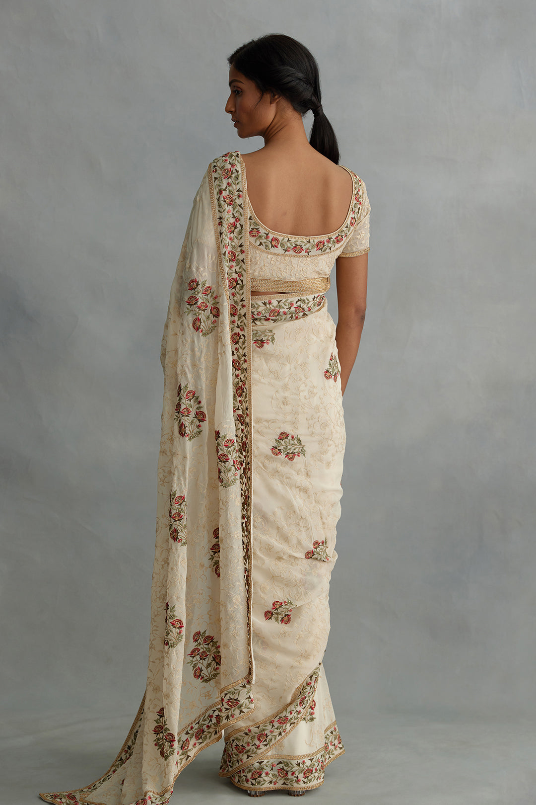 Sari Set in Floral Motif and Tonal Jaal Thread Embroidery