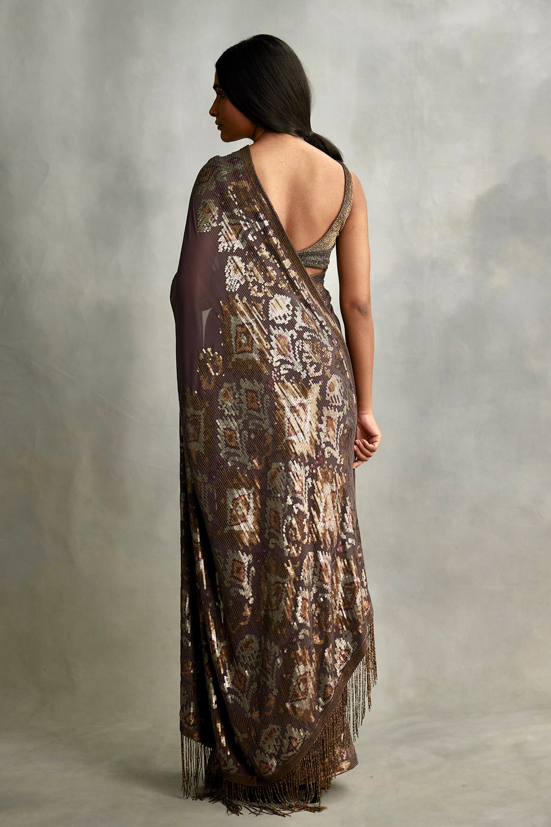 Sari Set in Ikkat pattern sequin embroidery