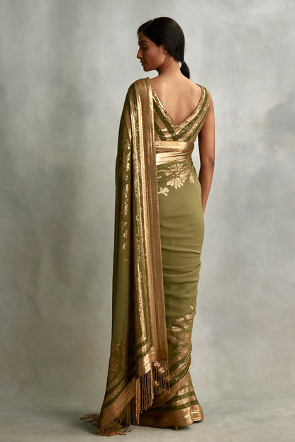 Sari Set in a floral motif in gold sequin embroidery