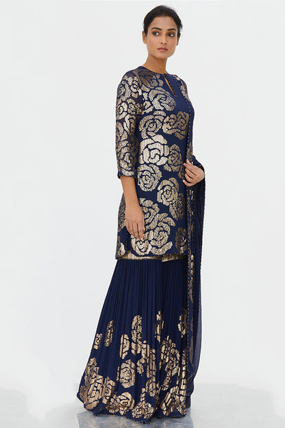 Gharara Set in Signature Rose Design in Gold Sequins Embroidery