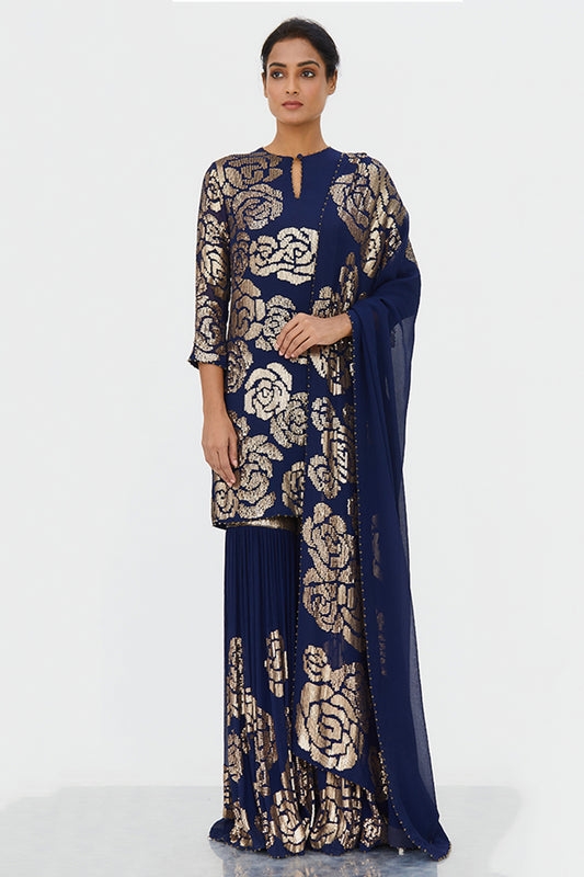 Gharara Set in Signature Rose Design in Gold Sequins Embroidery