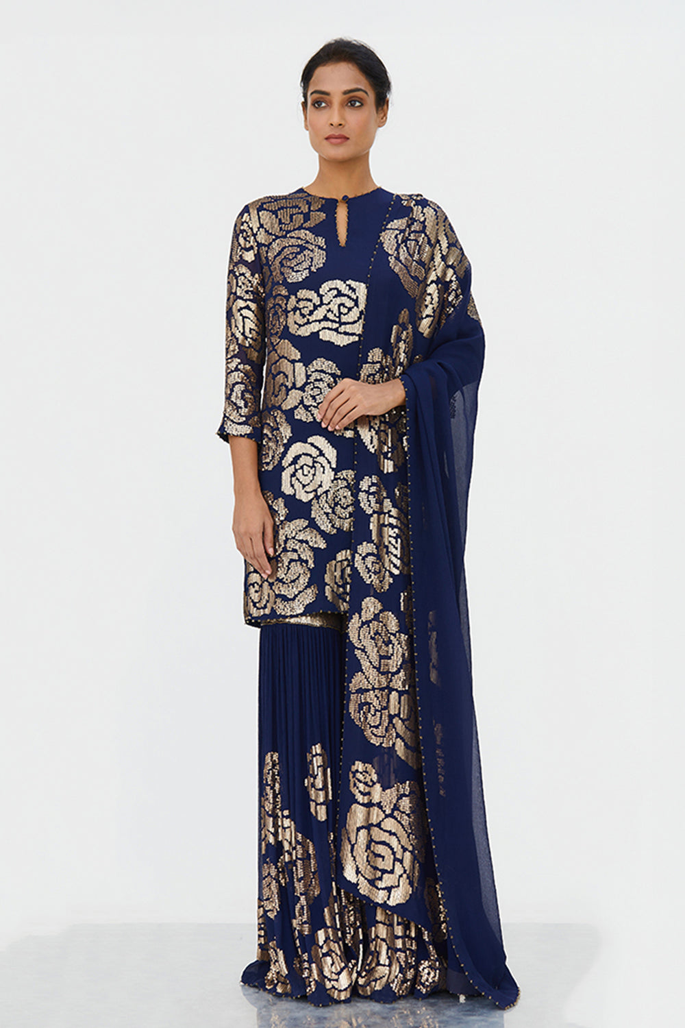 Gharara Set in Signature Rose Design in Gold Sequins Embroidery