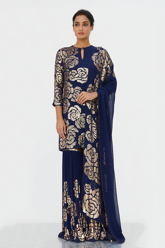 Gharara Set in Signature Rose Design in Gold Sequins Embroidery