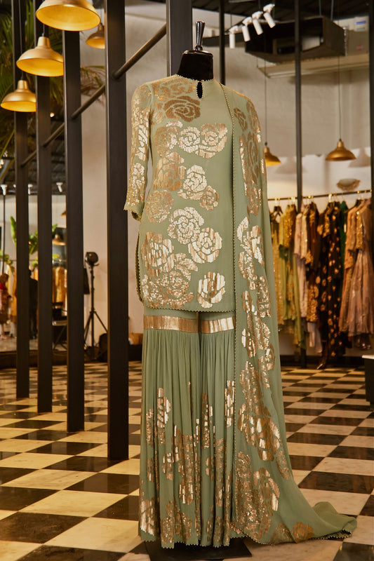Gharara Set in Signature Rose Design in Gold Sequins Embroidery