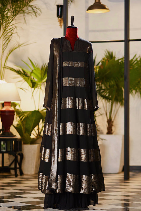 Anarkali Kurta Set with Gold Sequin Stripes