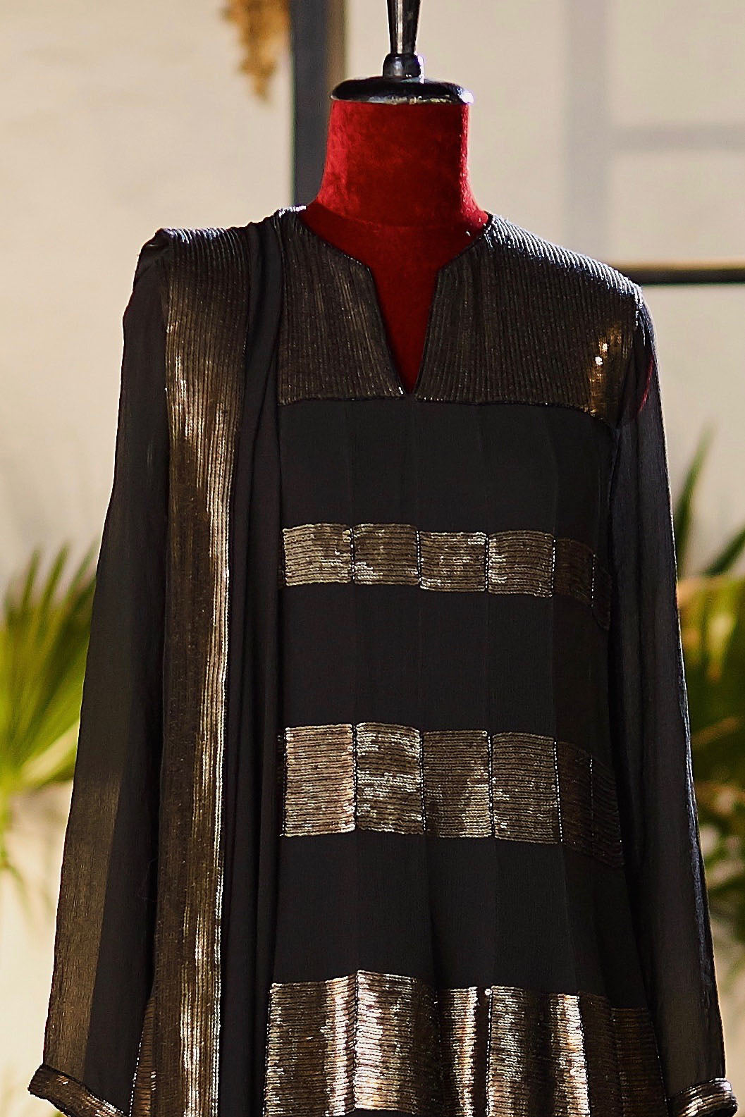 Anarkali Kurta Set with Gold Sequin Stripes