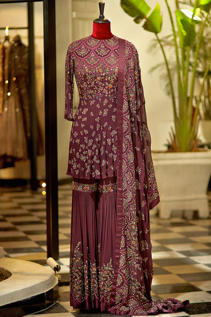 Gharara Set in Floral Embroidery on Satin Appliques