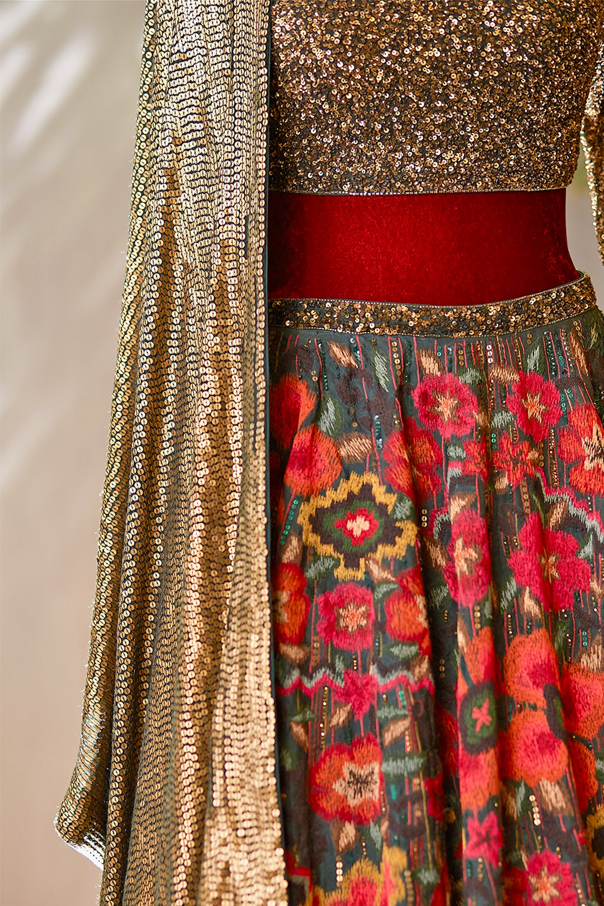 Lehenga Set in Ikkat Motifs Thread Embroidery