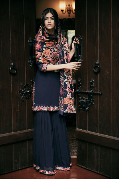 Gharara Set in Ikkat Floral Embroidery