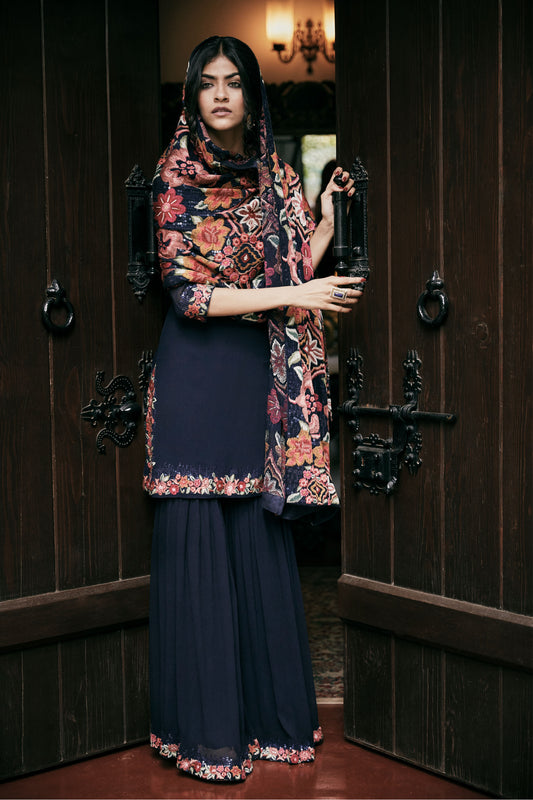 Gharara Set in Ikkat Floral Embroidery