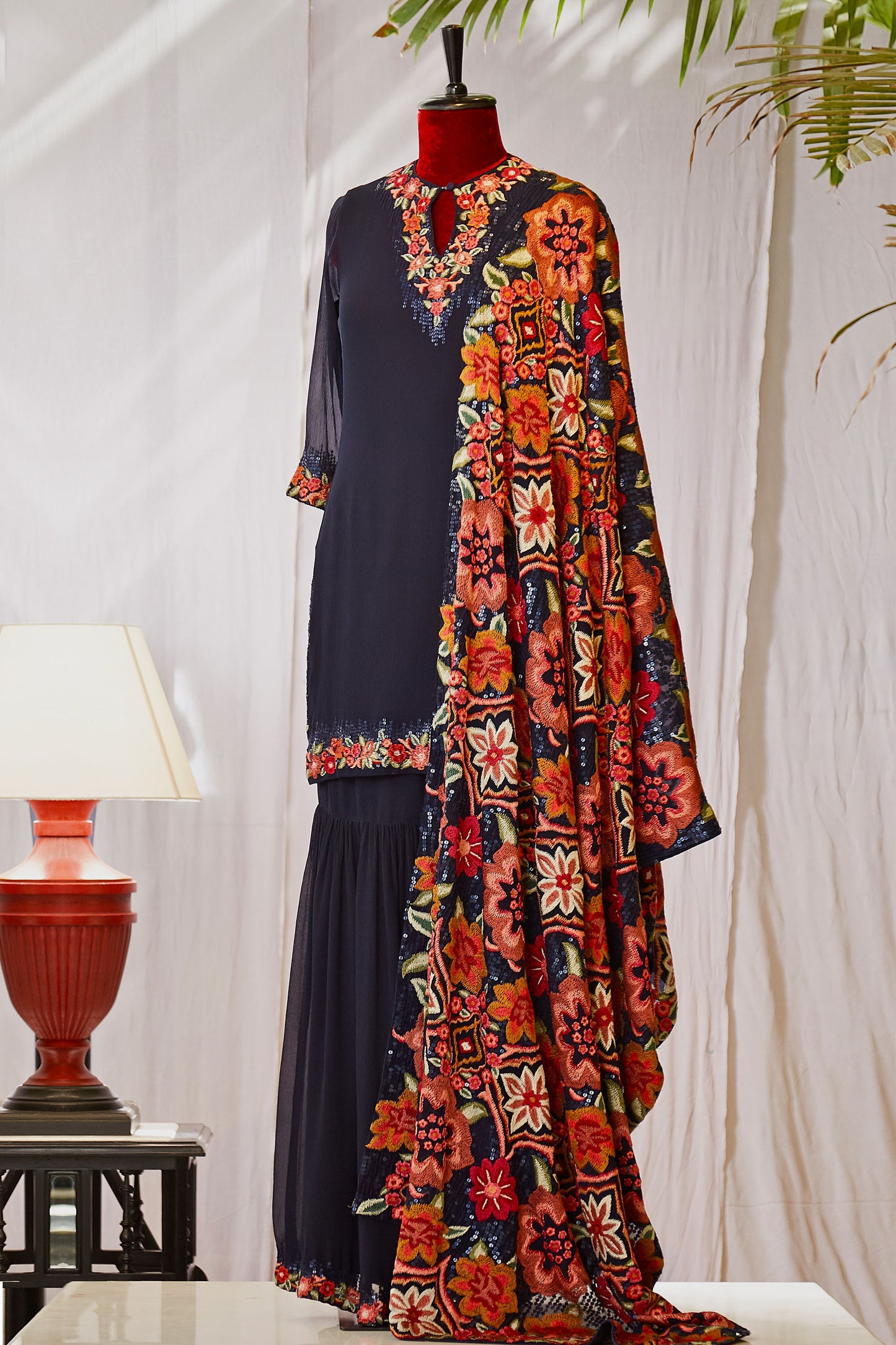 Gharara Set in Ikkat Floral Embroidery