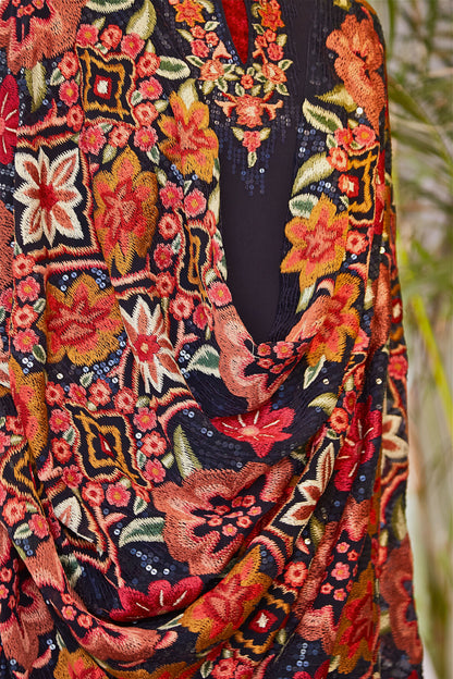 Gharara Set in Ikkat Floral Embroidery