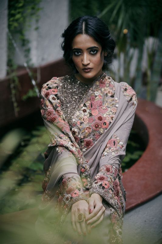 Sari Set in Floral Thread Embroidery