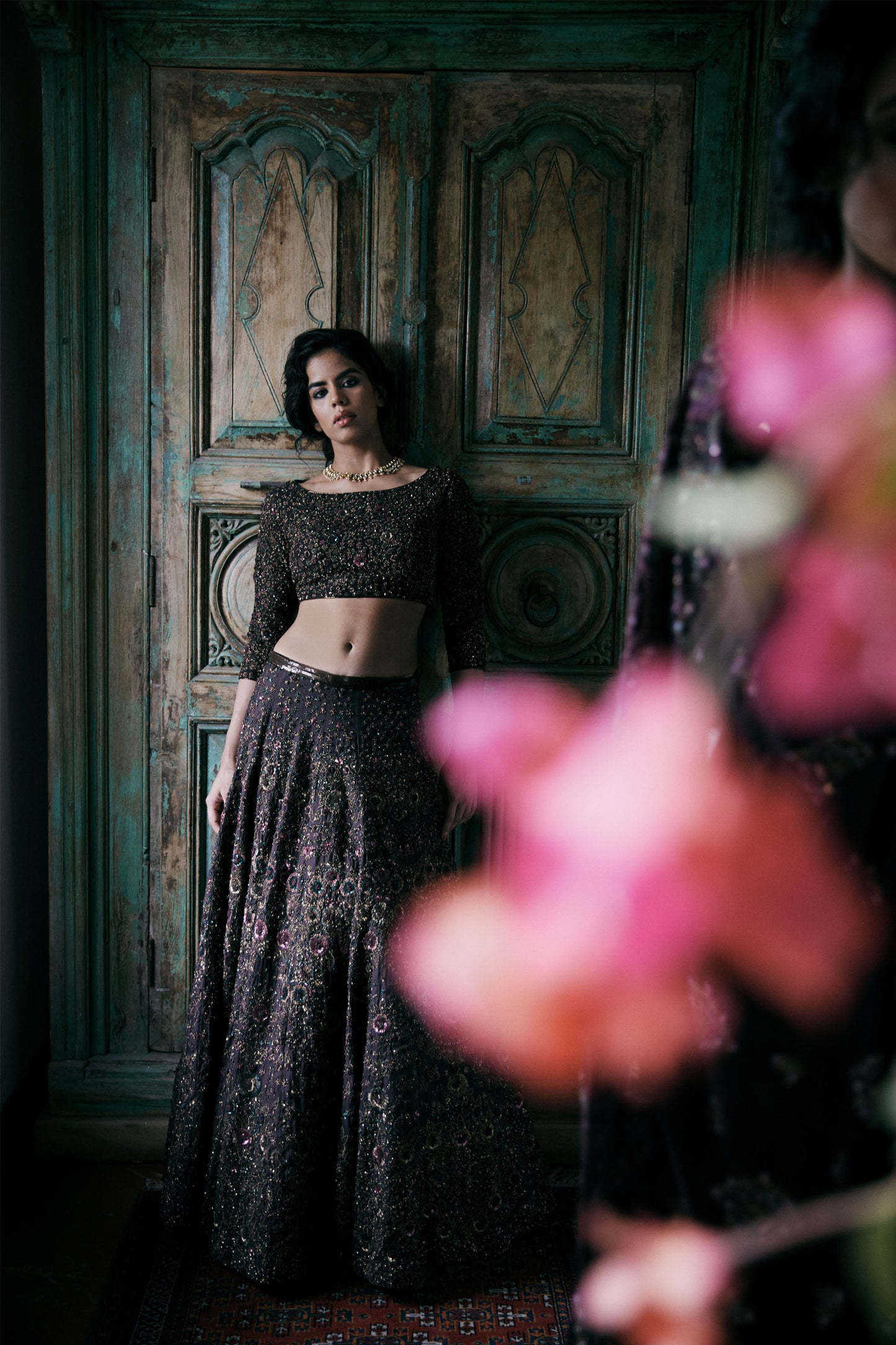 Lehenga Set in Floral Thread & Sequin Embroidery