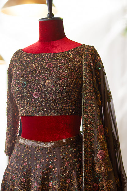 Lehenga Set in Floral Thread & Sequin Embroidery