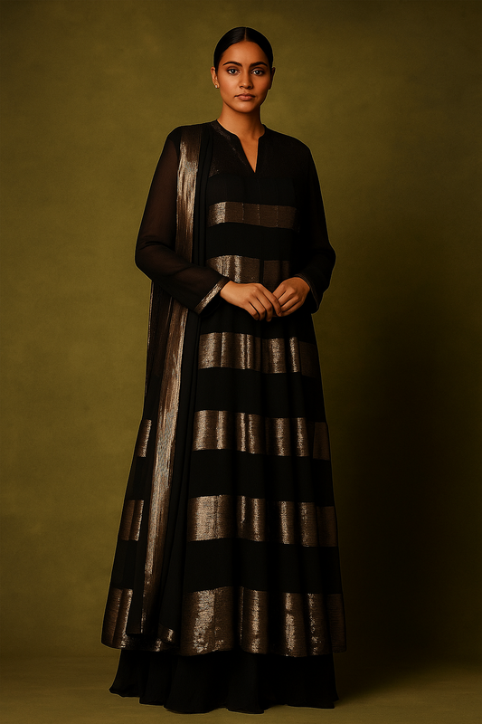 Anarkali Kurta Set with Gold Sequin Stripes