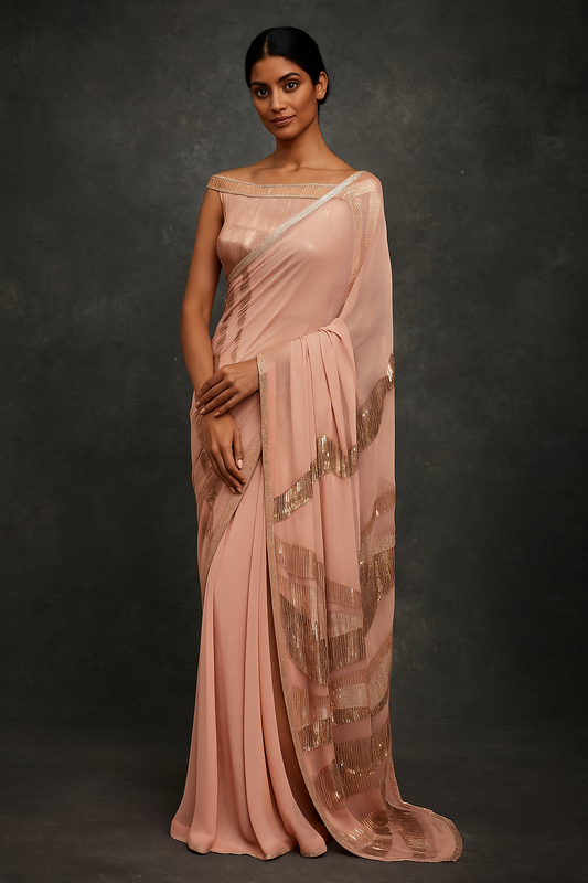 Sari Set with Striped Sequin Pattern