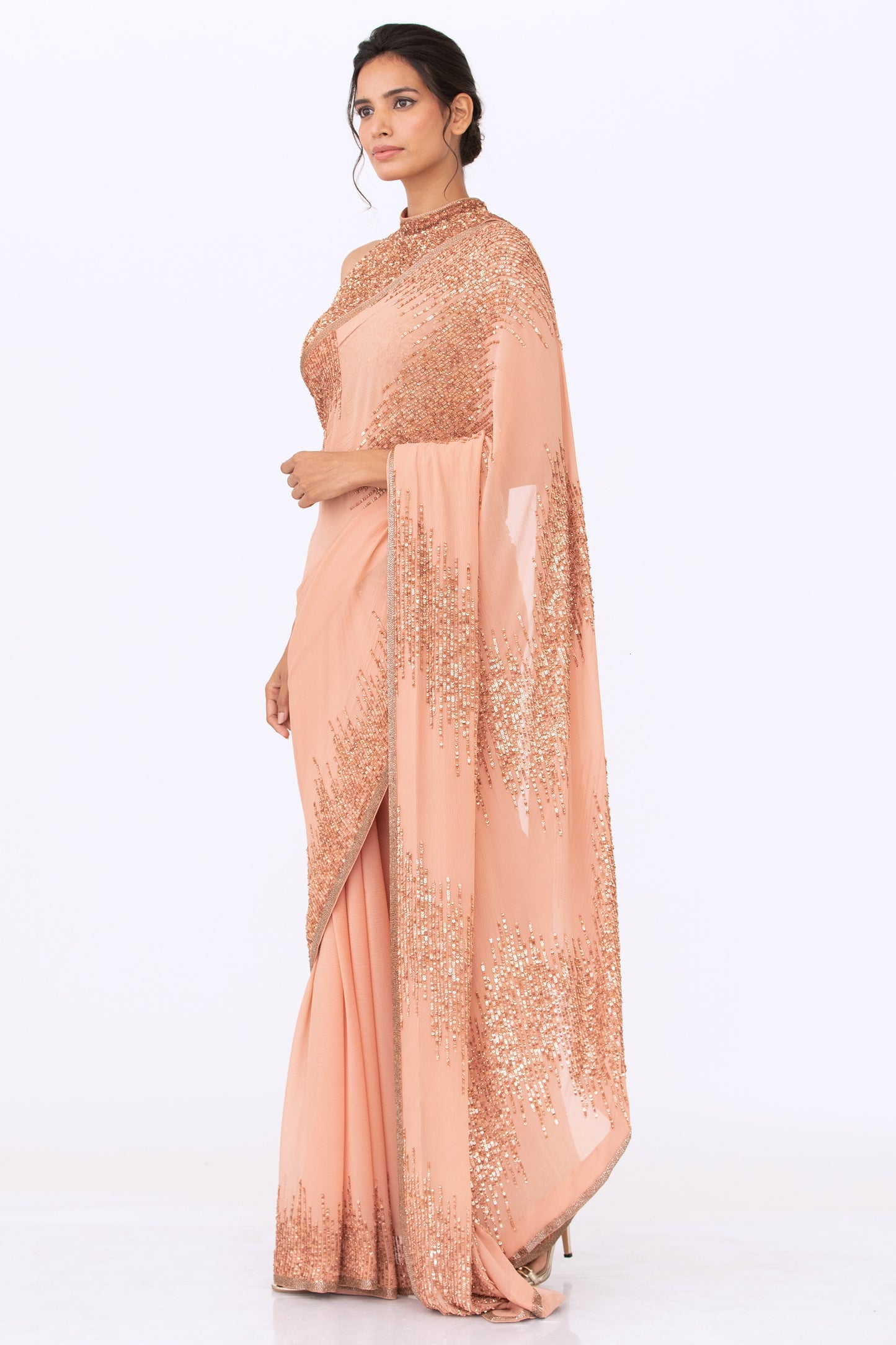 Sari Set in Metallic Pink Sequin Embroidery