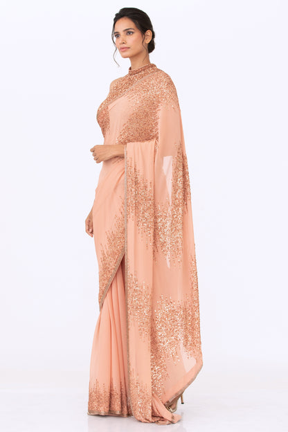 Sari Set in Metallic Pink Sequin Embroidery