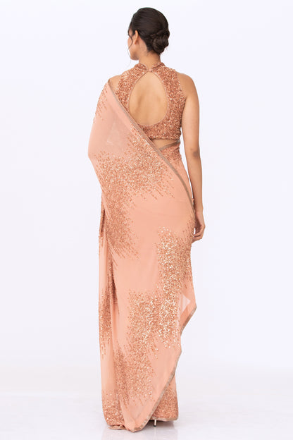 Sari Set in Metallic Pink Sequin Embroidery