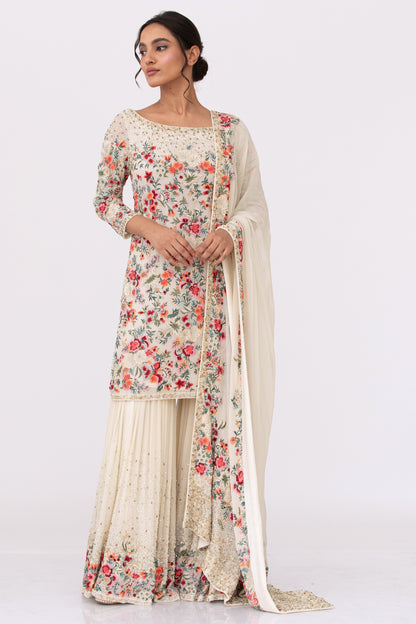 Gharara Set in Floral Thread Embroidery