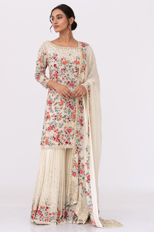 Gharara Set in Floral Thread Embroidery
