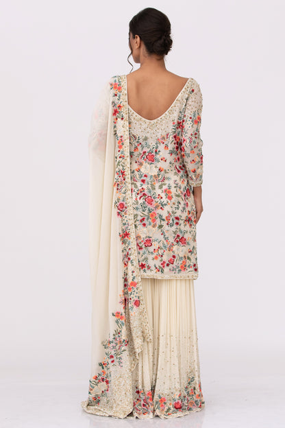 Gharara Set in Floral Thread Embroidery