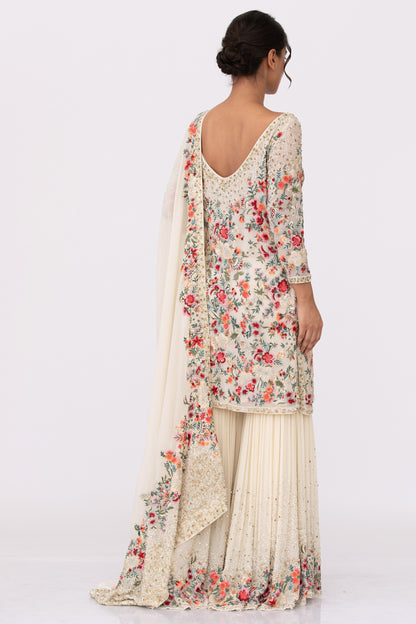 Gharara Set in Floral Thread Embroidery